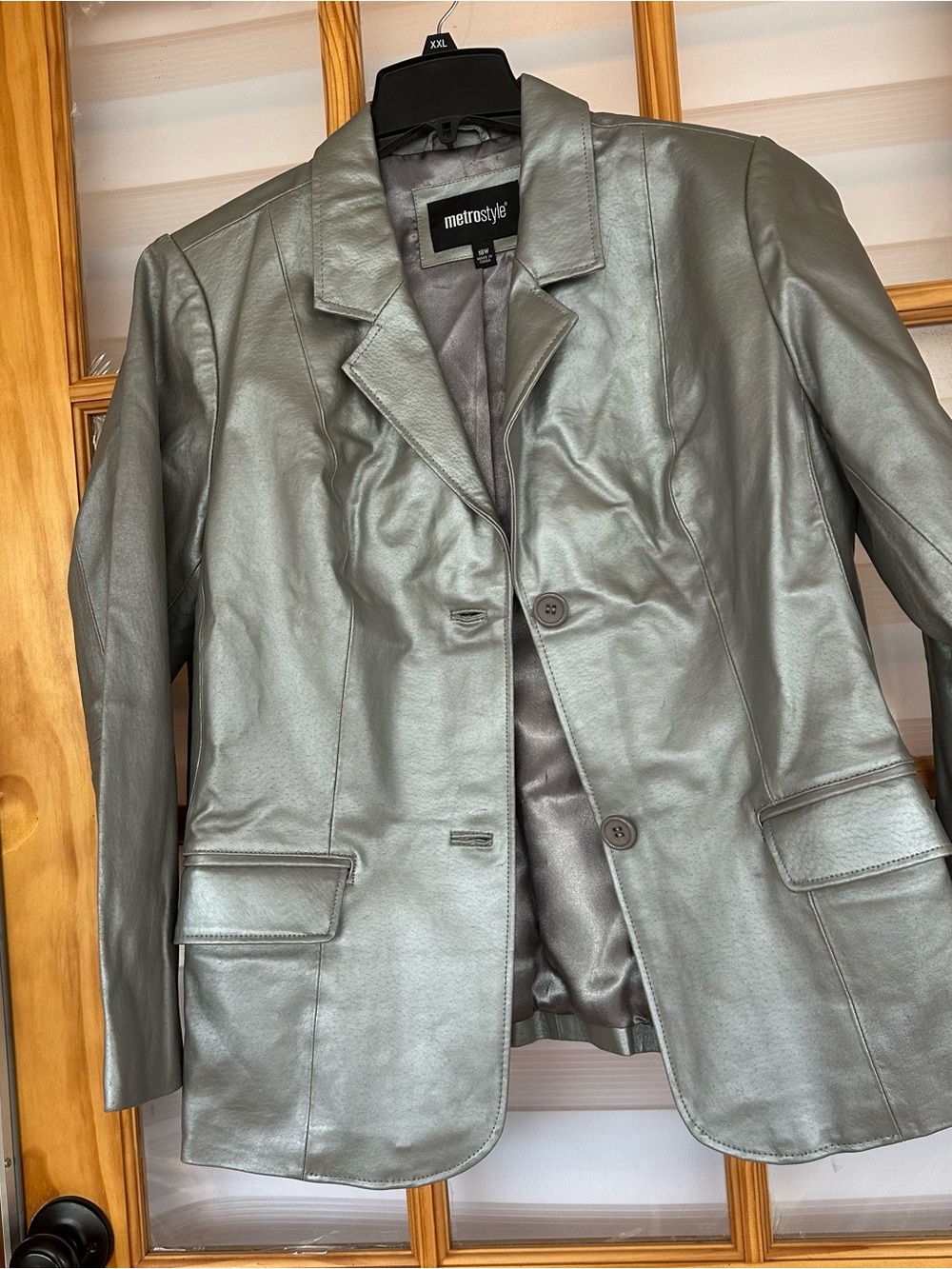 metrostyle Metallic Gray Leather Blazer Jacket - Silver Sheen